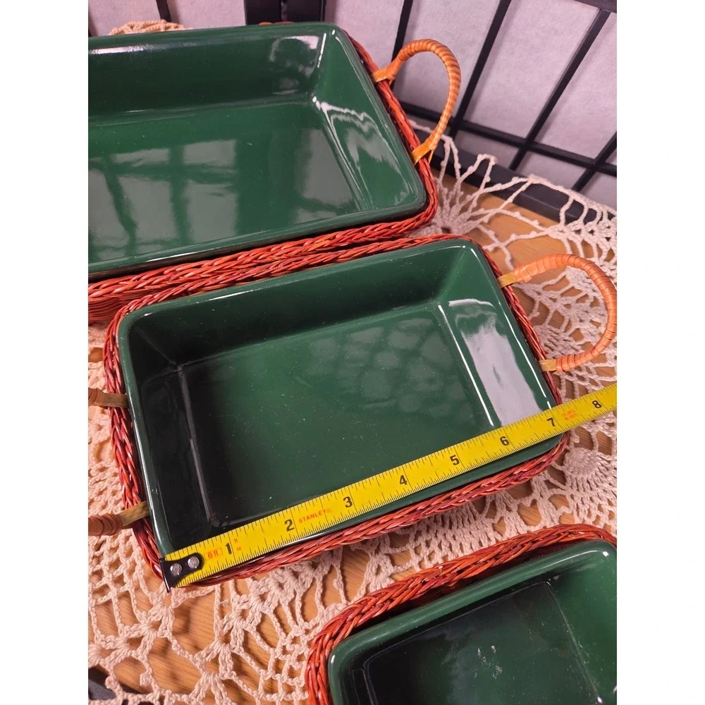 Vintage Green Ceramic Baking Dish Set with Wicker Baskets 3 Pieces Rectangular